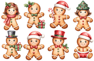 Fototapeta premium Christmas gingerbread cookie character collection with cute festive figures, Santa hats, candy cane, presents, holly and holiday decorations