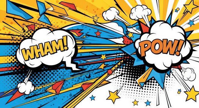 Comic book action background with sound effect speech bubbles and colorful pop art explosion details