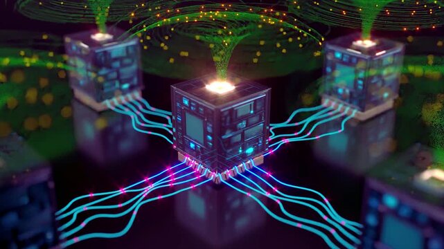 Futuristic quantum computing processor nodes connected by glowing fiber optic data streams