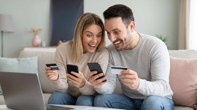 Cheerful couple enjoying online shopping at home