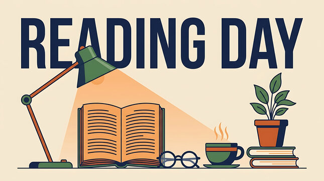 Reading day vector illustration concept with open book desk lamp coffee cup and potted plant