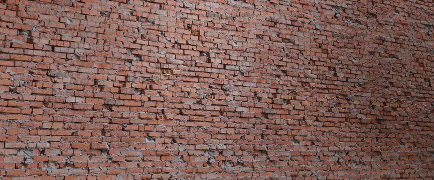 Weathered red brick wall texture with dense horizontal masonry rows rough gray mortar chipped surfaces aged terracotta tones rustic background for renovation and interior design