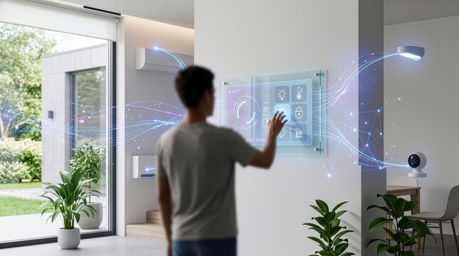 壁面の透明スマートパネルを操作して照明や空調などの家電を一元管理する男性と快適なスマートホームやIoTネットワークを表現した近未来のライフスタイルコンセプト