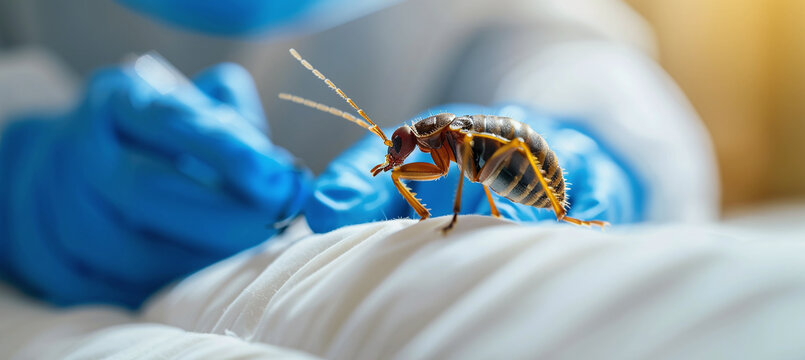 Bed bug Cimex lectularius close up on mattress with pest control expert wearing blue gloves inspecting room infestation healthcare sanitation danger health risk allergy hygiene clean problem danger ve