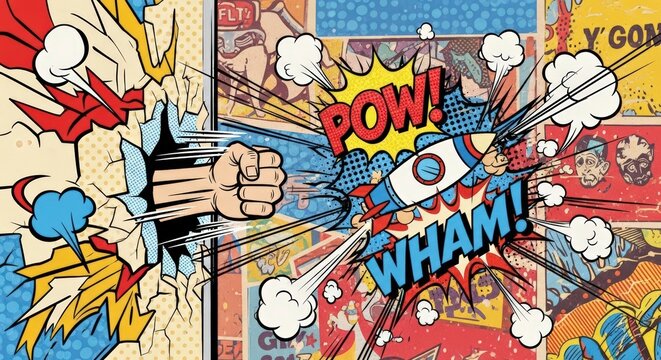 Pop art fist punching through wall with flying rocket and comic speech bubble text