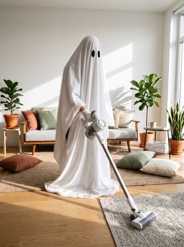 A person in a ghost costume vacuuming the modern living room. Concept of humor, household chores, and unexpected scenarios perfect for advertisements and social media content. Generative AI.