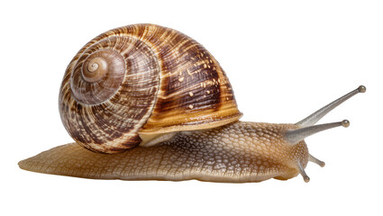 Brown spiral shell snail with textured body, isolated on transparent background © Niamh