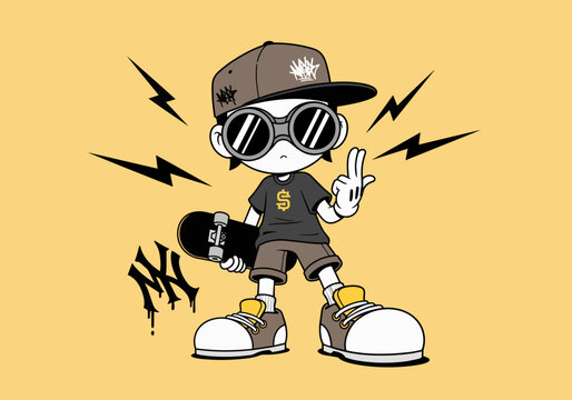 Cartoon character with skateboard, sunglasses, and dollar sign shirt, vibrant graphic for youth culture, lifestyle advertising and urban art projects.