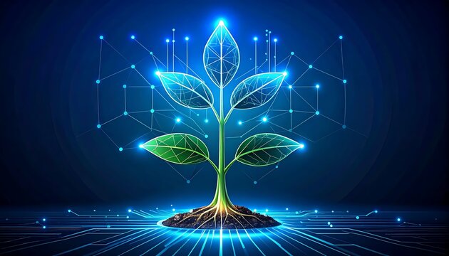 Digital tree with glowing roots and blue energy network.