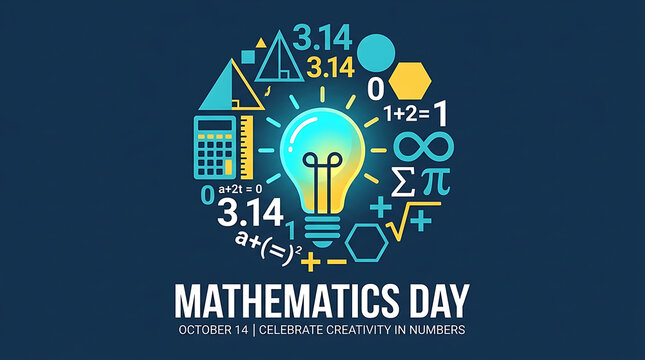 Mathematics day concept with glowing light bulb and math formulas on dark background