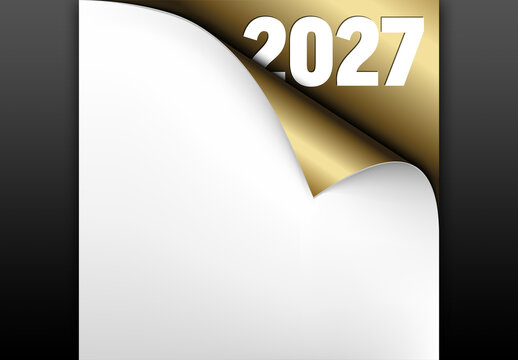 New Year 2027 Concept with Gold Curled Paper Corner Background
