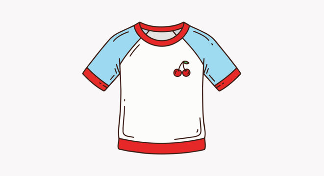 Cute raglan t-shirt with cherry graphic on white base, short sleeves, red trim, isolated on transparent alpha, concept for apparel design, children's clothing and summer fashion.