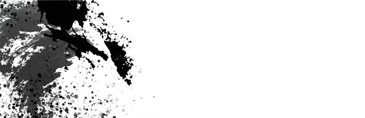 Fototapeta premium Dynamic black ink splatter and spray on left side background with wide copy space 