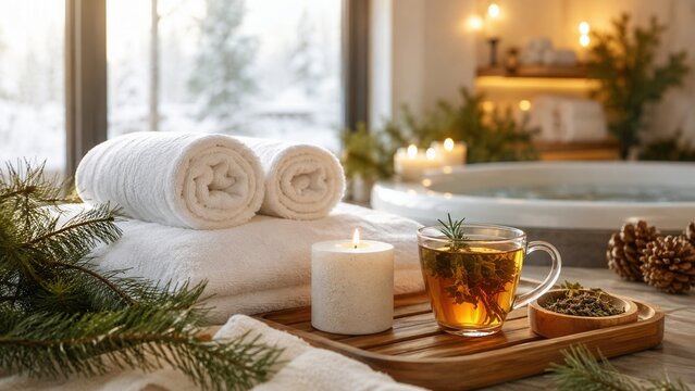 Cozy winter spa setting with herbal tea white towels candle and evergreen branches beside warm bath