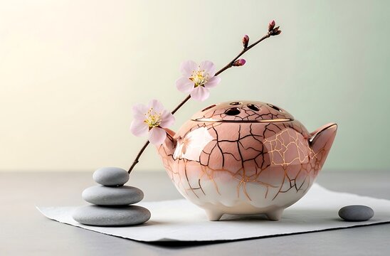 wabi sabi japanese with ikebana a sculptural koro incense burner in glossy shino glaze blushing peach to cream fine luxurious crackle with rose gold accents 