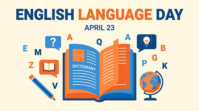 English language day poster design featuring an open dictionary book and globe illustration