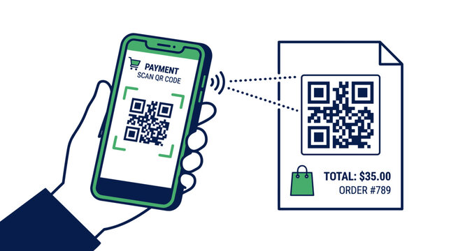 A hand holding a smartphone scanning a QR code on a receipt to complete a digital mobile payment