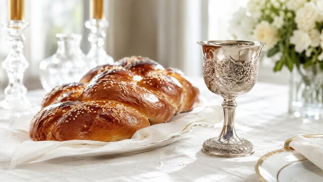 Traditional challah bread with silver Kiddush cup on festive Shabbat table for Jewish Sabbath celebration