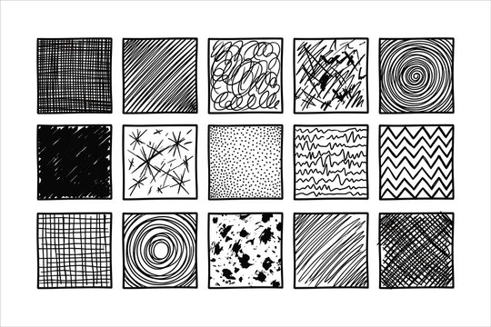 Hand-drawn ink texture set, 15 square doodle patterns, black and white sketch elements for graphic design and shading