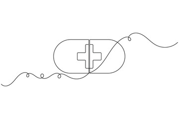 Obraz premium Medical service capsule pill with a cross icon sign continuous one line art drawing on white background minimalist emergency treatment of patient relief symbol editable outline vector illustration