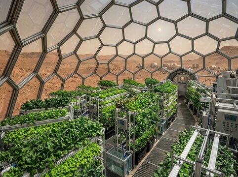 Hexagonal glass biodome on Mars cultivating green vegetables in advanced hydroponic systems