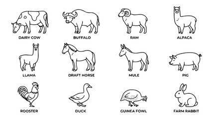 Naklejka premium Ranch Farm Livestock and Poultry Animals Minimal Line Icon Vector Set
