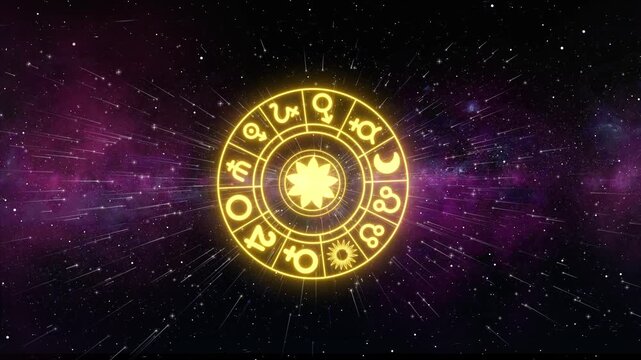 Glowing Golden Astrological Zodiac Wheel Rotating In Deep Space With Purple Nebula Background And Star Streaks Abstract Celestial Horoscope Chart Featuring Planetary Symbols For Spiritual Esoteric Ast