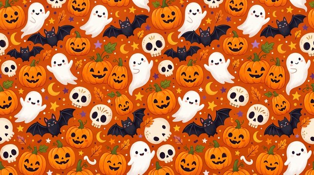 Seamless repeating halloween pattern with happy smiling pumpkins cute friendly ghosts and spooky flying bats all over a vibrant orange backdrop