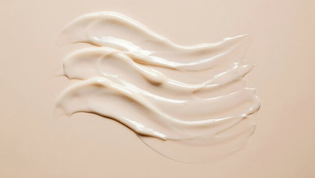 Cosmetic cream smears create smooth textures on a beige background.