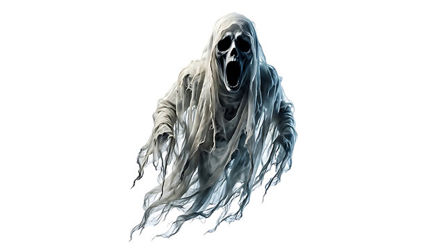 A terrifying screaming ghost with tattered white robes and a dark skull face presented as an isolated object on transparent background isolated on transparent background