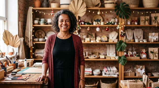 Smiling woman small business owner in her craft shop