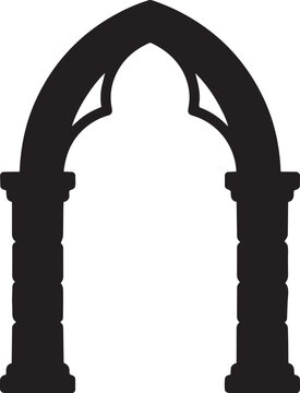 Gothic pointed arch silhouette, medieval stone doorway vector, black cathedral portal icon for spooky halloween and fantasy designs