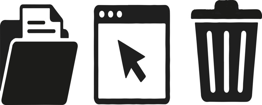 Computer file management and trash bin black vector icons with file folder computer window cursor arrow folder icon browser window garbage can desktop icon UI design