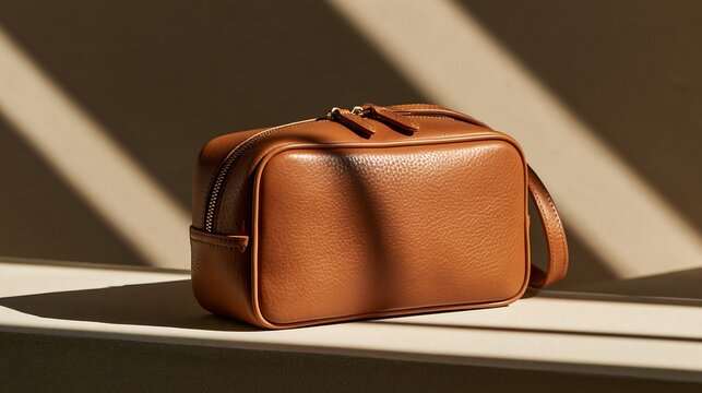 A tan leather cosmetic bag isolated on transparent background. Premium travel accessory perfect for luxury lifestyle marketing and beauty product advertising.