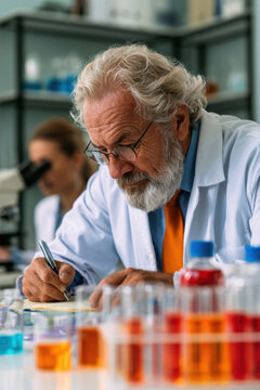 Senior scientist meticulously records experiment data in a modern laboratory setting