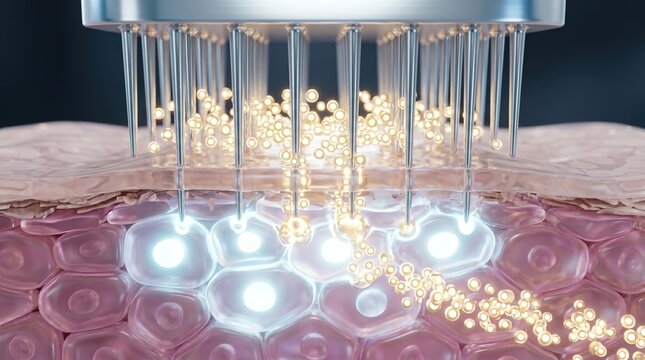 3D conceptual illustration of microneedling penetrating skin layers to stimulate deep collagen production and cell renewal