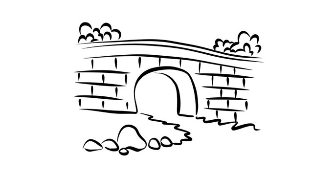 Minimalist black and white hand-drawn sketch of a stone arch bridge over a small river with trees, isolated on a transparent background.