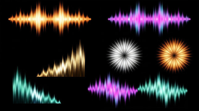 Neon sound waves and audio equalizer signals on black background