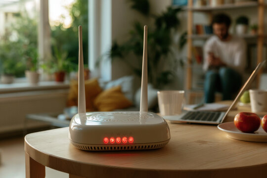 Home Wi-Fi router with blinking red lights indicating a connection problem