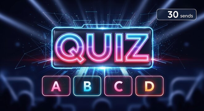 Neon quiz show game interface with glowing letters and multiple choice answer buttons on a stage background