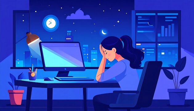 Business professional working late on laptop in office.