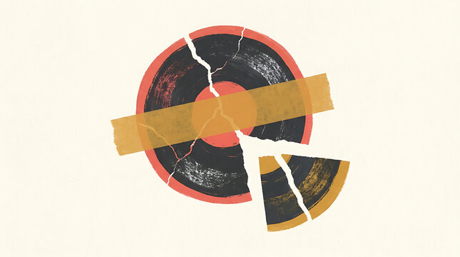 A broken vinyl record with a piece separated, held together by a strip of yellow adhesive tape on a light cream textured background