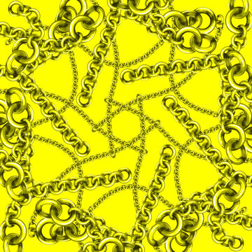 Shiny gold chains pattern overlapping on bright yellow color backdrop Fabric