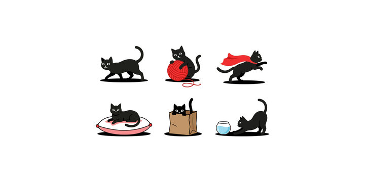Playful cartoon black cat poses showing different cute actions and behaviors.