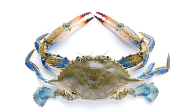 Fresh Atlantic Ocean and Gulf of Mexico Blue Crab (Callinectes sapidus), highlighting its shell and vivid blue claws isolated on white background for premium seafood cuisine&commercial fishery concept