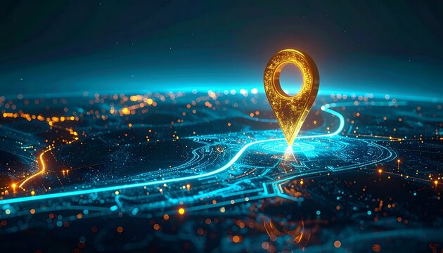 Golden map pin positioned on a luminous digital map with winding blue navigation routes and orange city lights, creating a futuristic concept for GPS, travel and geolocation.