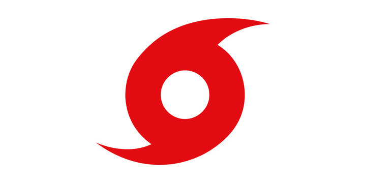 Red hurricane icon meteorology symbol depicting storm center and wind swirl on transparent background.