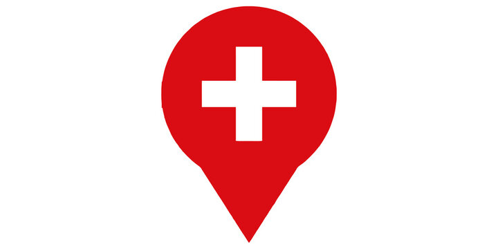 Red map pointer icon with a white medical cross representing switzerland or emergency services.