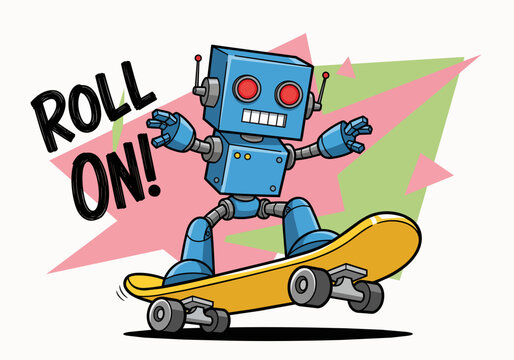 Retro blue robot character performing tricks on a skateboard, dynamic motion, perfect for technology ads, children's books and creative design.