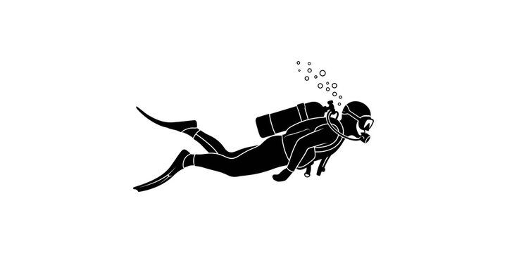 Black silhouette of scuba diver with oxygen tank swimming underwater for diving sport activity.